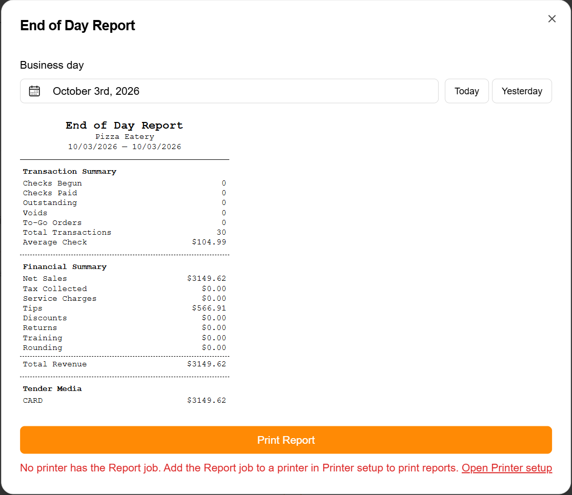 The End of Day Report for Oct 3 with the Business day picker and the Today and Yesterday buttons
