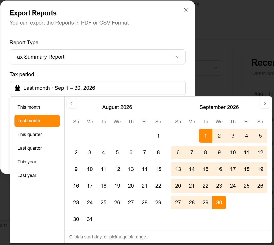 The Export Reports dialog set to Tax Summary Report, with the Tax period picker on Last month and its month, quarter and year quick ranges