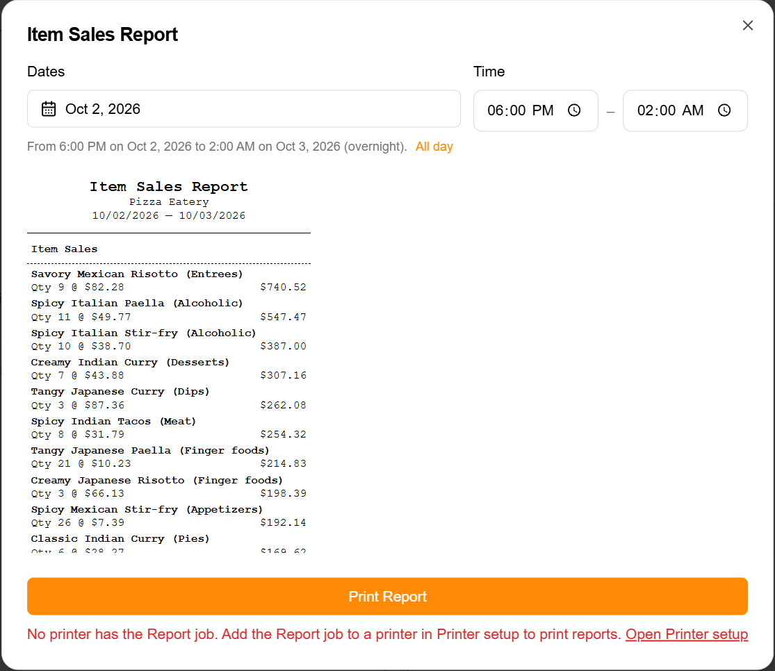 The Item Sales Report for Oct 2 with a 6:00 PM to 2:00 AM time window, read back as an overnight window ending on Oct 3