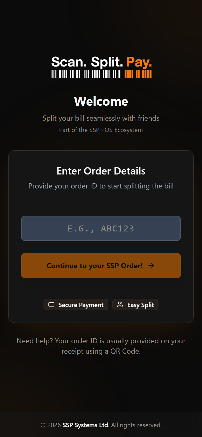 The Scan. Splt. Pay. welcome screen with a box for your order code