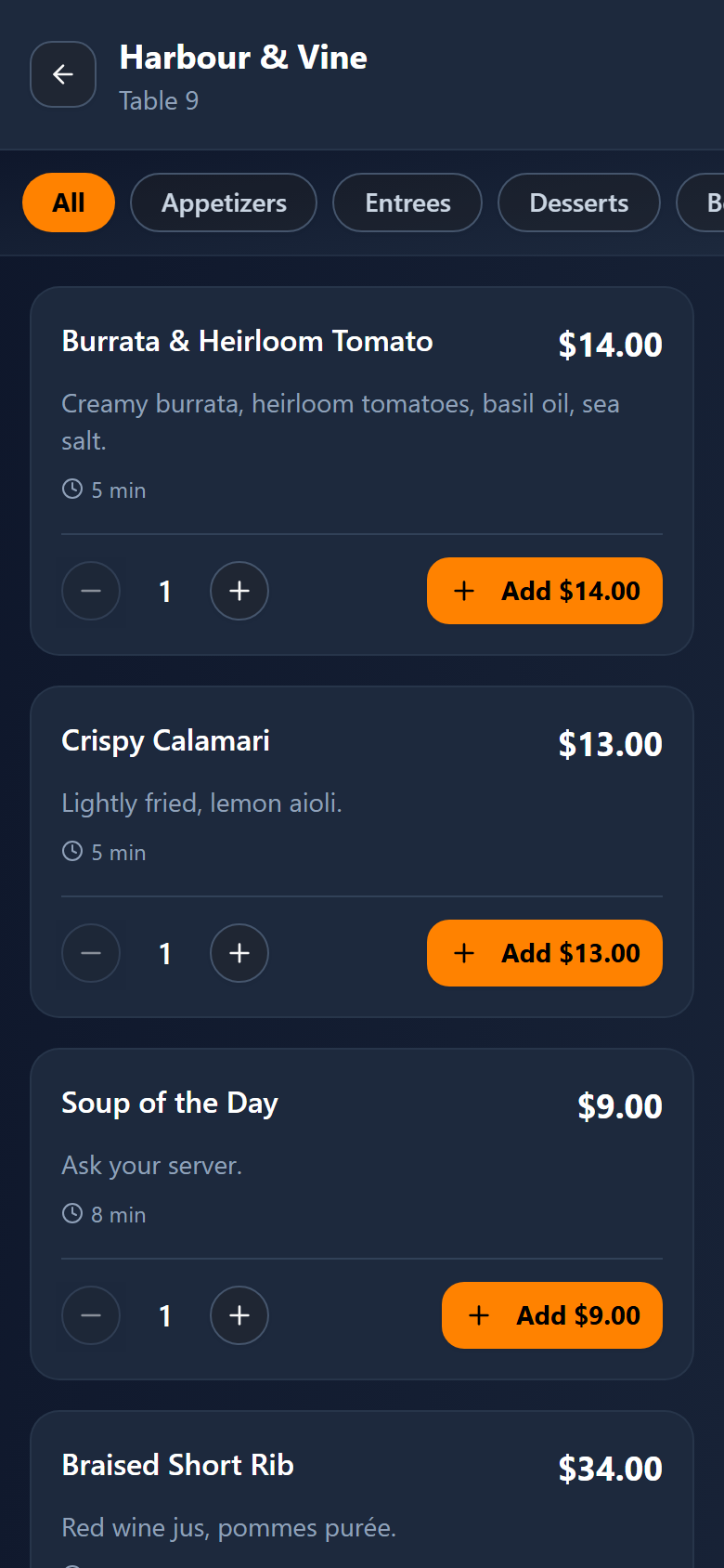 The menu, with category tabs across the top
