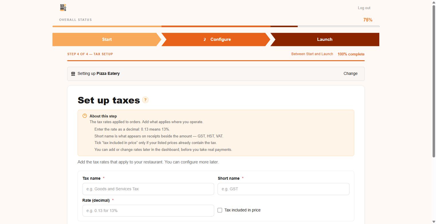The tax setup step, with its "About this step" help open