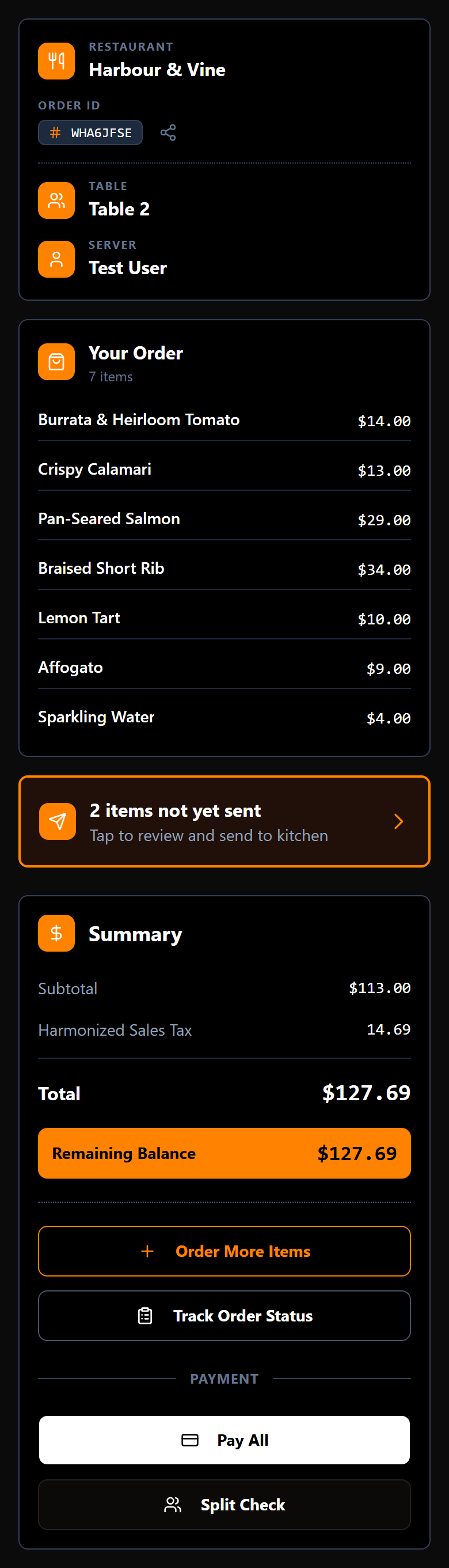 The order screen with the restaurant, table, server and summary