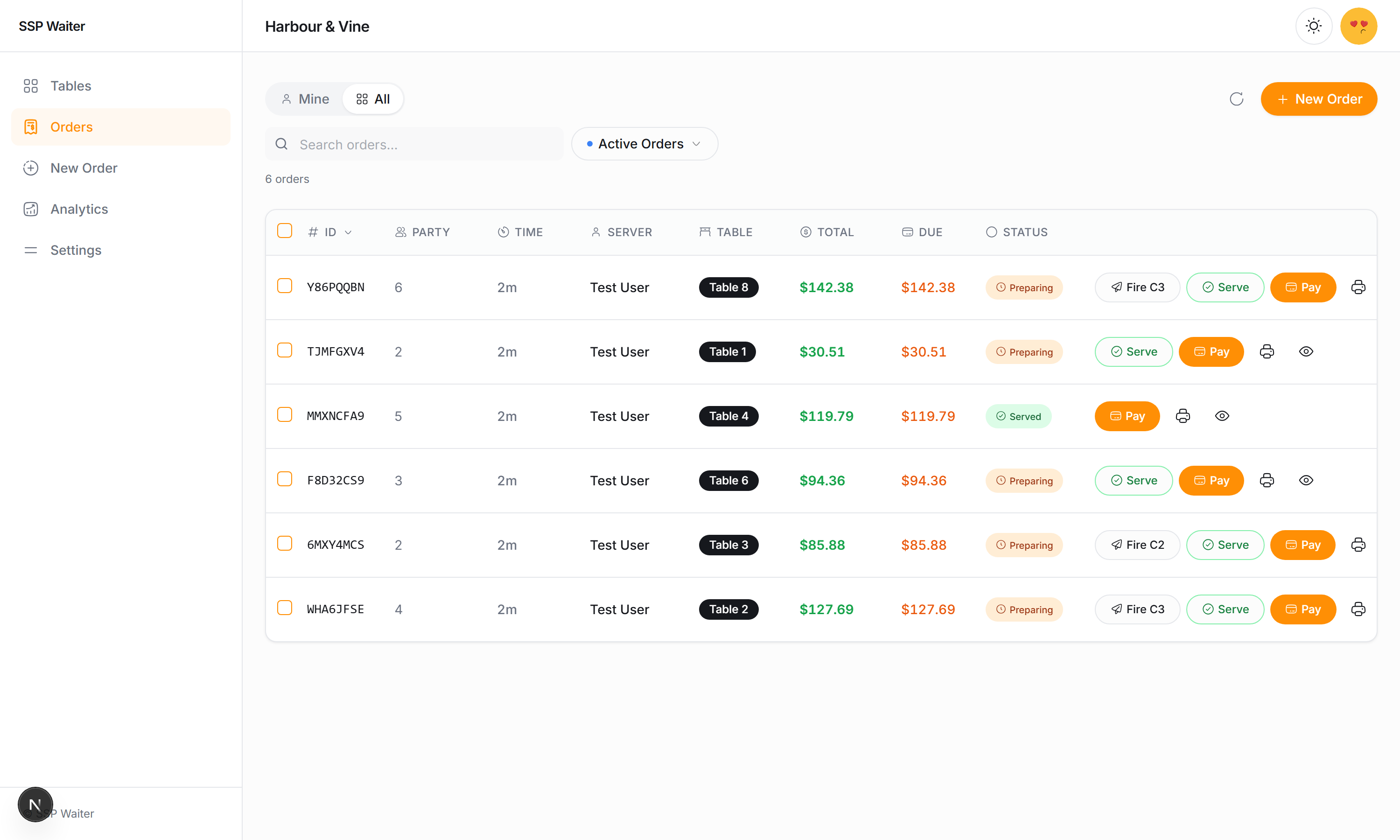 Row shortcuts on the orders list