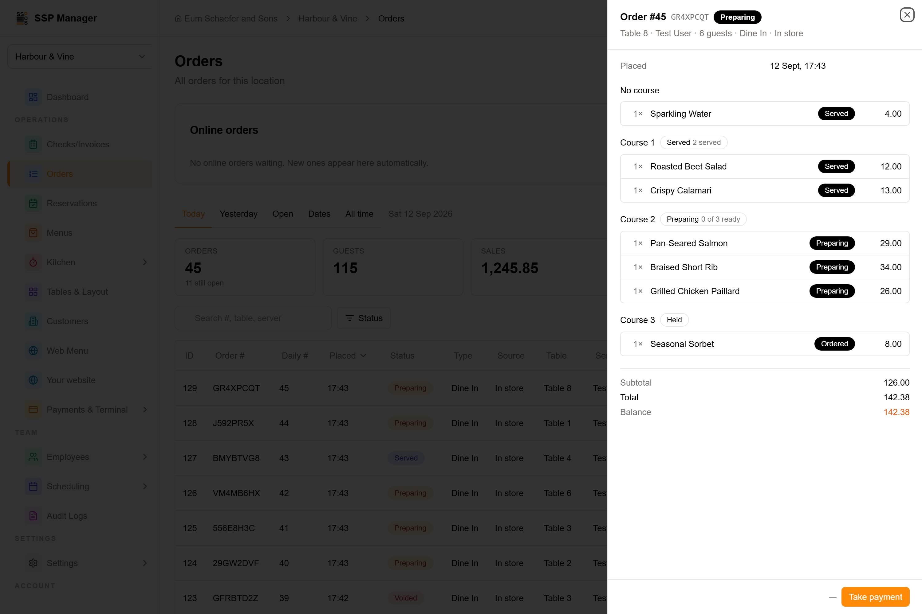 An order opened from the list, course by course