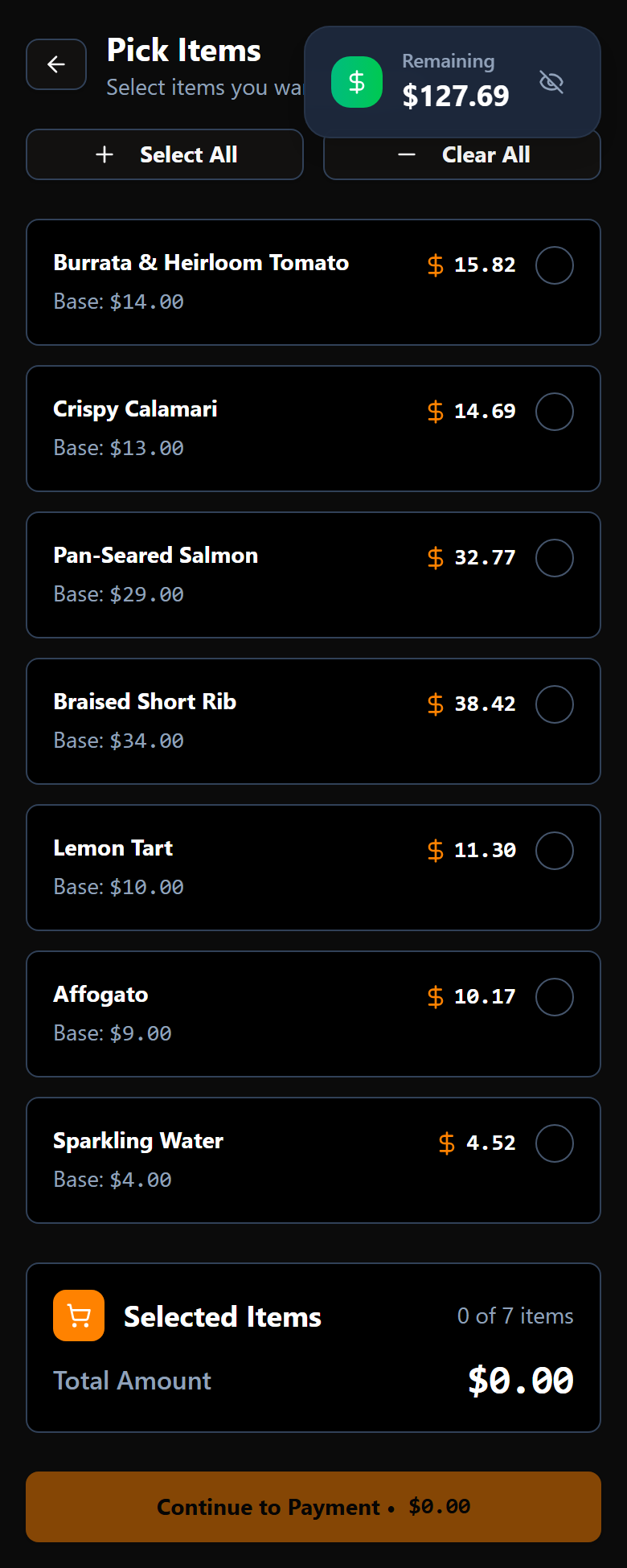 Picking individual items to pay for