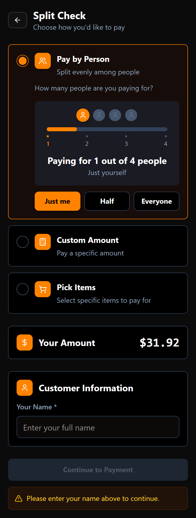 The Split Check screen with the three ways to split