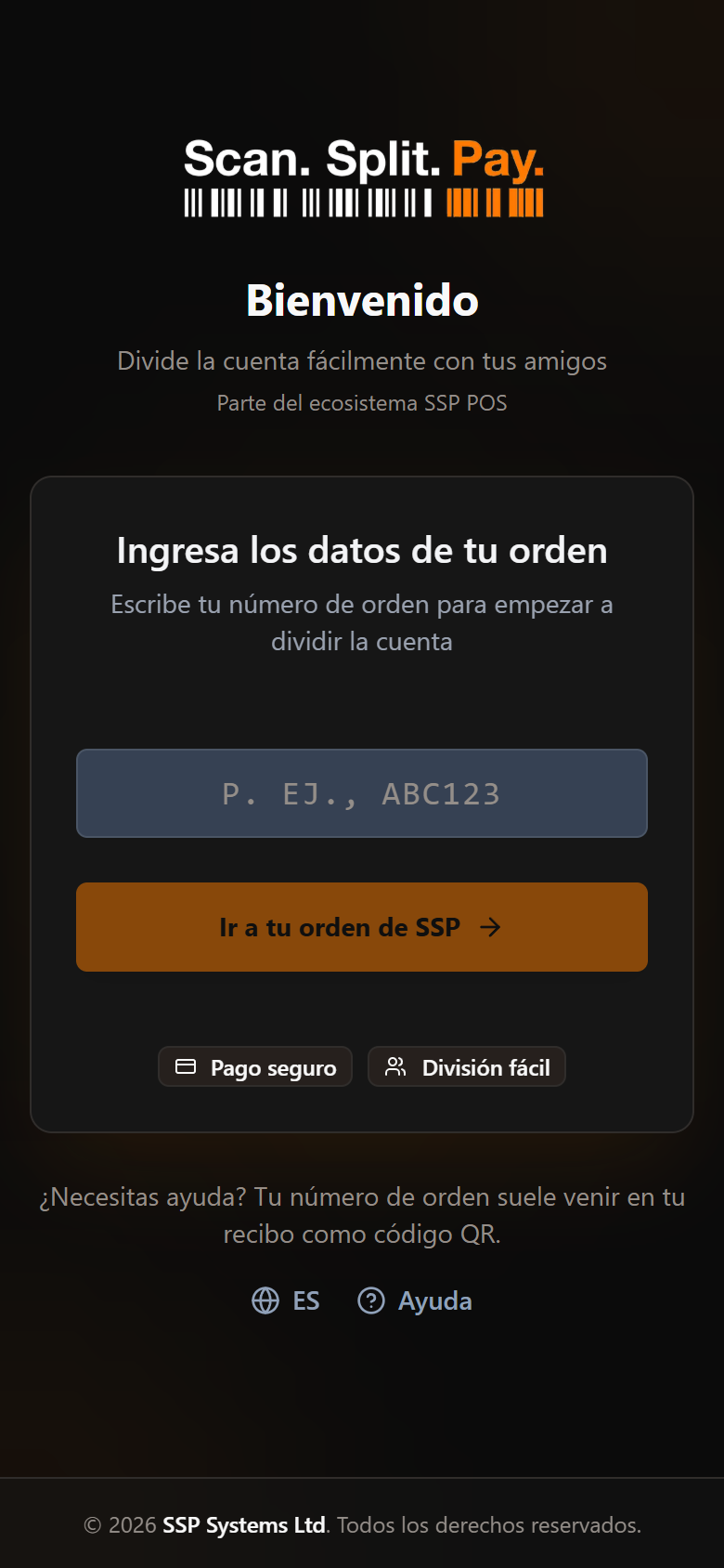 La pantalla de bienvenida de Scan. Splt. Pay., con un campo para tu número de orden