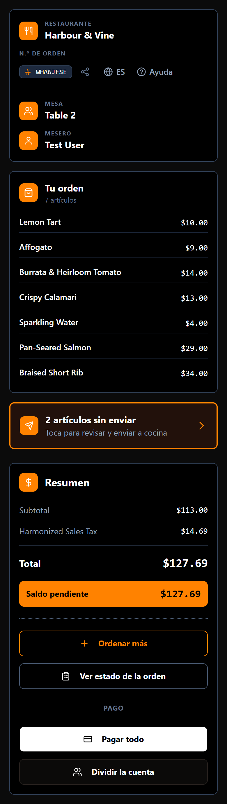 La pantalla de la orden, con el restaurante, la mesa, el mesero y un resumen