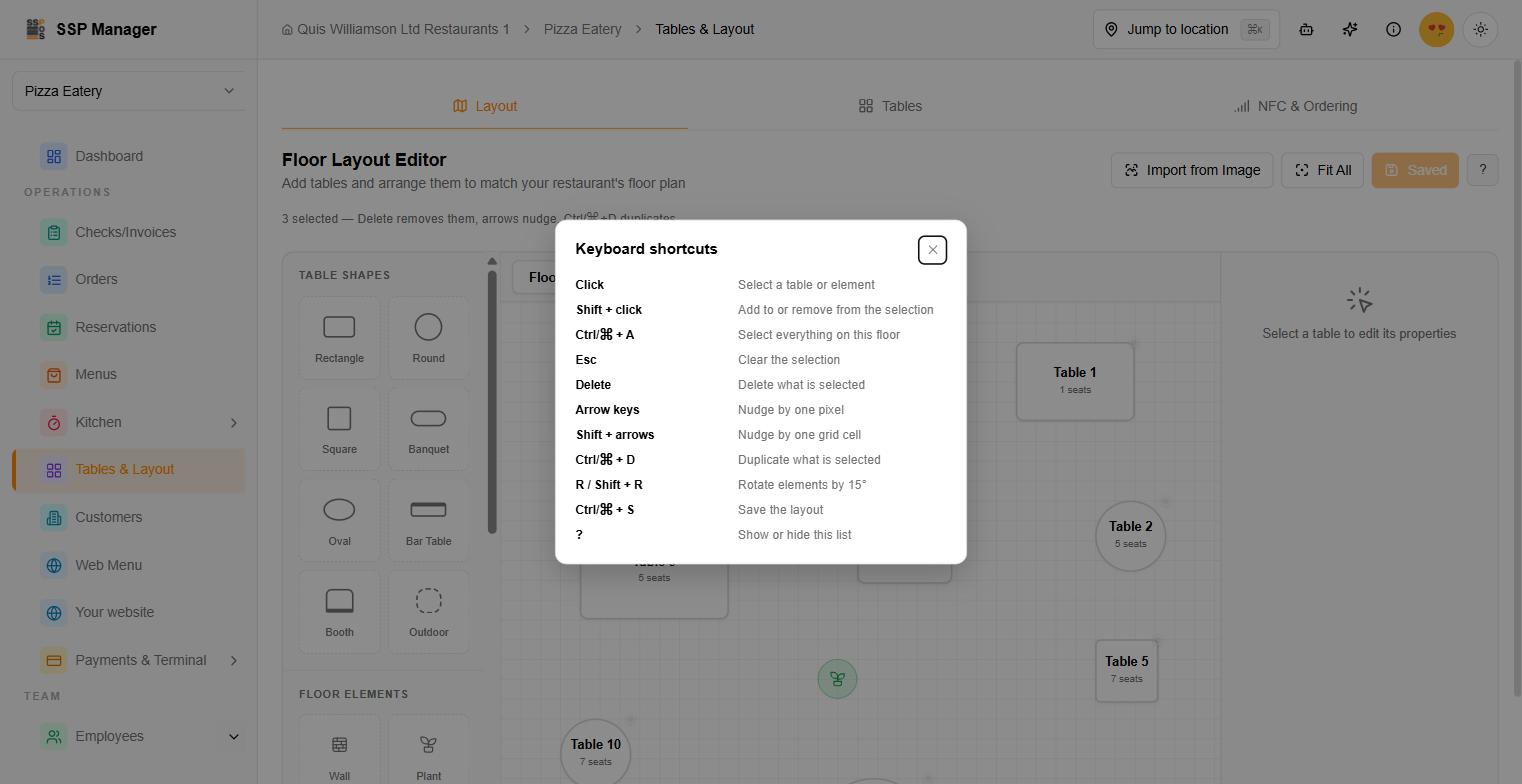 The keyboard shortcuts list in the floor plan editor