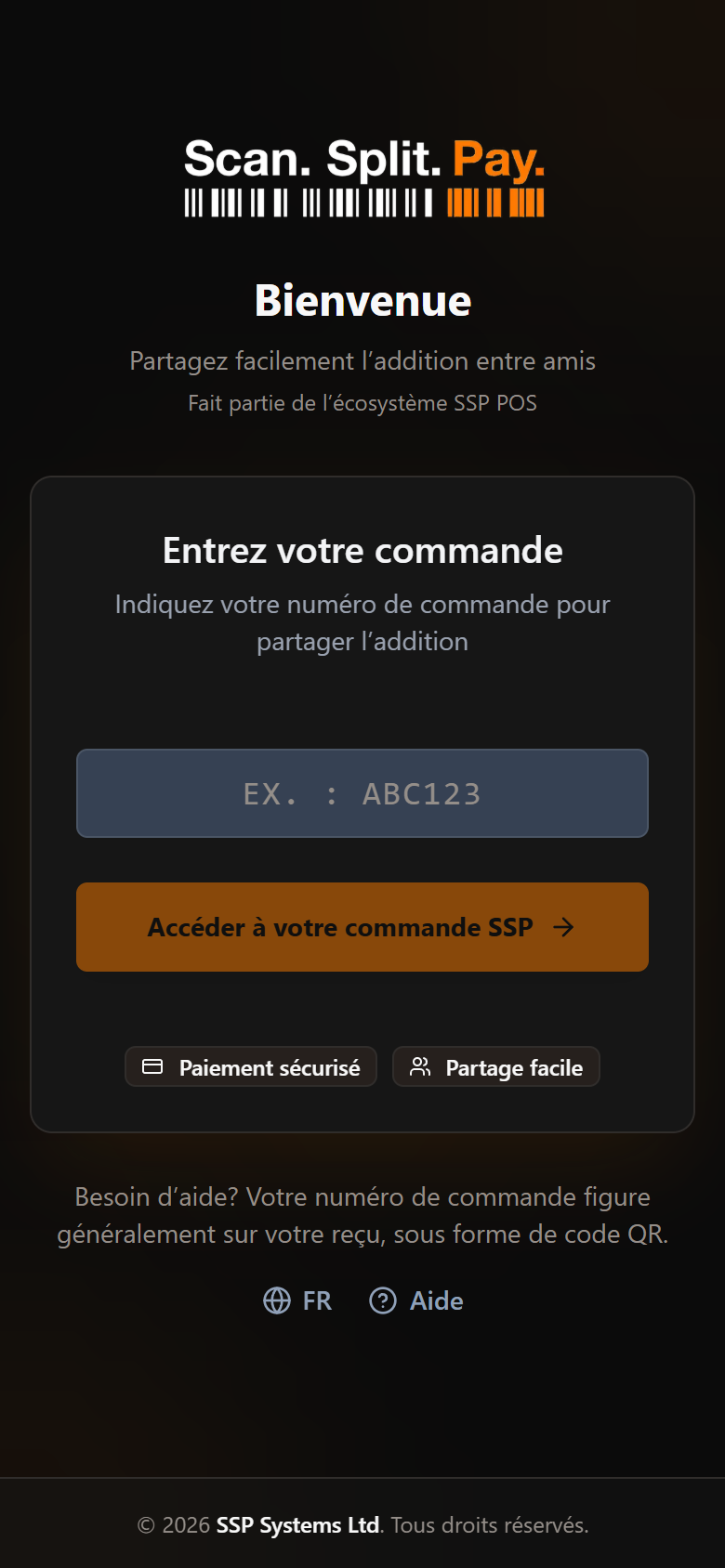 L'écran d'accueil de Scan. Splt. Pay., avec une case pour votre numéro de commande