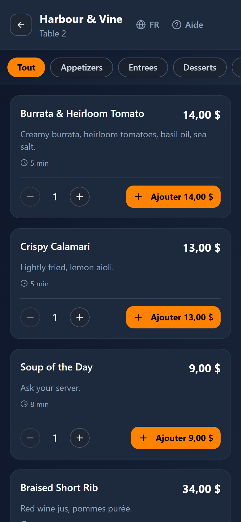 Le menu, avec les onglets de catégories en haut