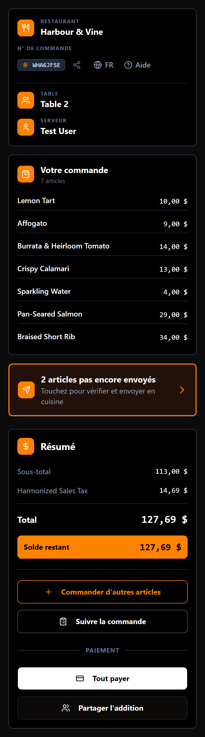 L'écran de la commande, avec le restaurant, la table, le serveur et un résumé